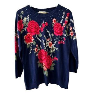 Cathy Daniels Blue Red Floral Sweater L Jeweled Soft Top 3/4 Sleeve GrandmaCore